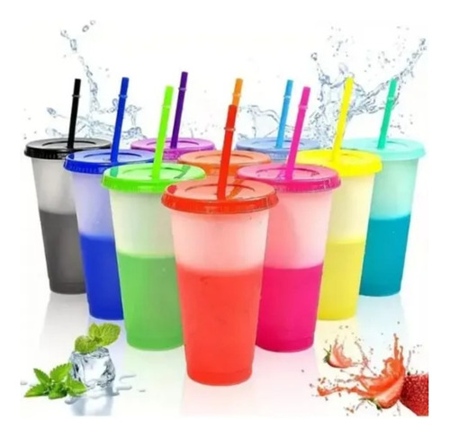 10 Vasos Mágicos 700ml Cambian Color Con Tapa Y Popote,dh