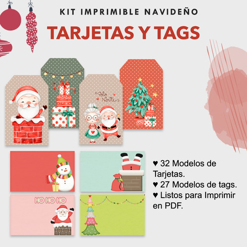 Kit Imprimible Tarjetas Tags (varios Modelos)  - Navidad