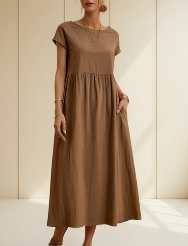 Vestido Suelto De Algodón Y Lino Con Bolsillo
