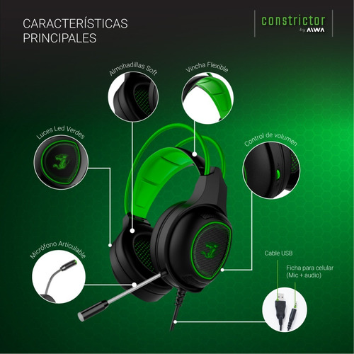 Imagen 6 de 10 de Auricular Gamer Constrictor Led Con Mic Luces