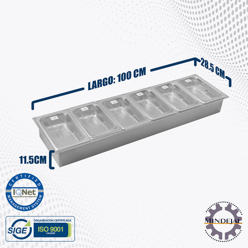 Charola Tina Seis Insertos 1/4 Ensaladera Salsera Acero Inox Color Gris