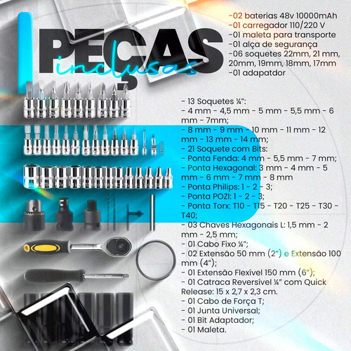 Kit Chave De Impacto Parafusadeira 48v + Jogo Soquete 46 Pçs Completo Construção Móveis Ferramentas Gollden Store Ferramenta Elétrica Furadeira De Mão Duas Baterias