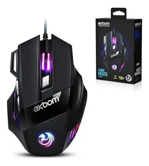 Mouse Gamer Exbom MS-G260 Preto 3200 DPI Com Fio LED 7 Botões USB