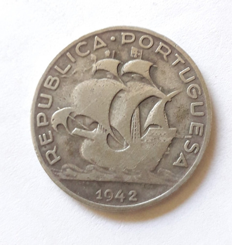 Portugal 5 Escudos Año 1942 Moneda De Plata 0.650 Km#581