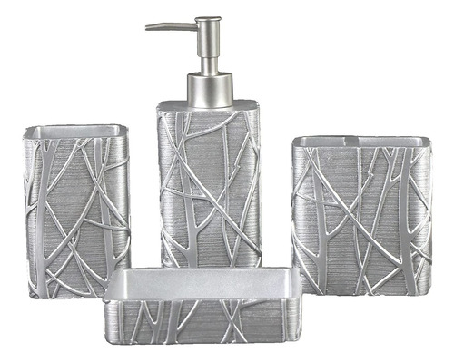 Set De Baño Completo 4pc De Resina Diseño Silver Industrial 