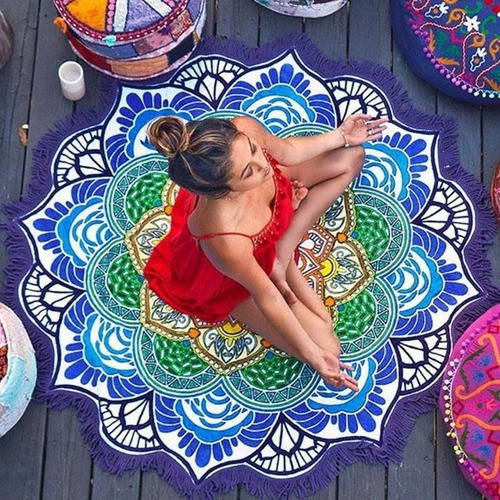 Tapiz Indio De Mandala Con Borla De Loto Estampado De Playa