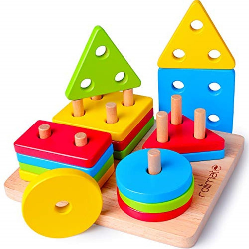 Juego Didáctico Torre Geometrica Encastre Madera Colores Color Multicolor