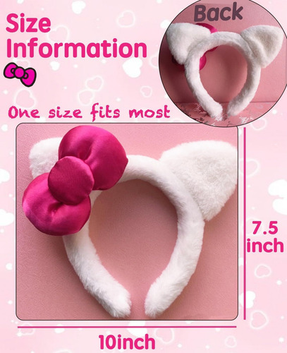 Diadema Gatito Con Lazo Rosa, Orejas Gato Blanco, Accesorios