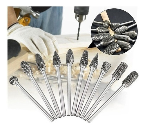 L Kit 10 Ponta Montada Fresa Dremel Tungstênio Retifica
