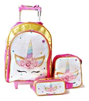 Comprar Mochila Rodinhas Menina Unicornio Rodinhas Lancheira Estojo 
