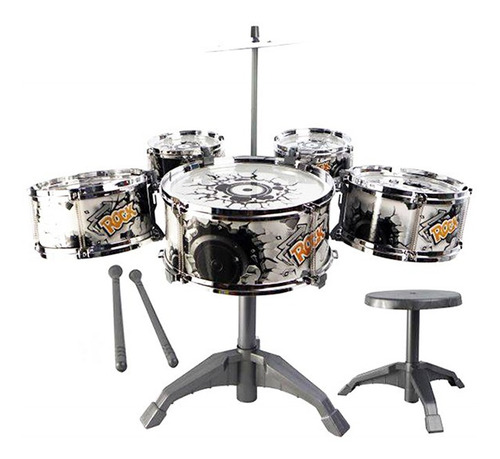 Bateria Musical Infantil Completa C/ Banquinho E Baqueta