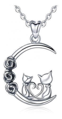 Imagen 1 de 7 de Regalo Mujer Collar Gatitos Luna Plata Fina 925 Joyas