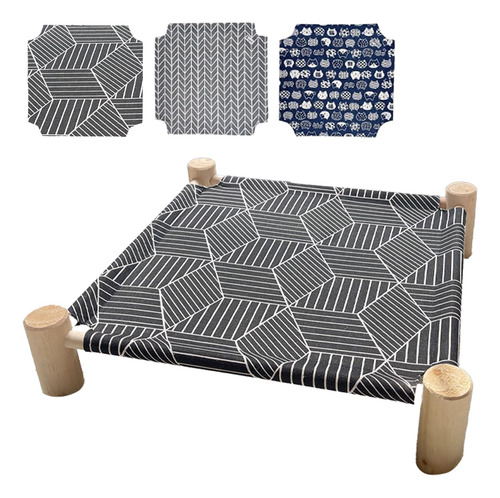 Cama Hamaca De Madera Elevada Para Mascotas Interiores Exter Diamante Negro + Flecha Gris + Gato Azul Diseño