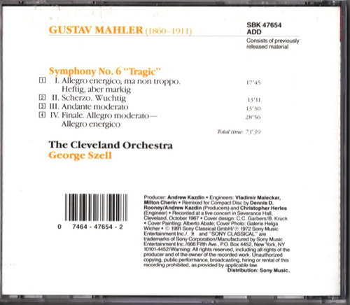 Cd Mahler Symphony No. 6 Tragic George Szell (Usado)