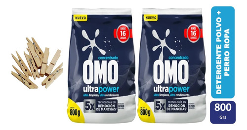 Pack Perros Para Ropa + 2 Omo Polvo Ultrapower 800 Grs