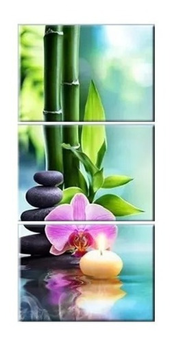 Quadro 120x60 3 Peças Orquidea Oriental Pedras Bambu Mdf 6m