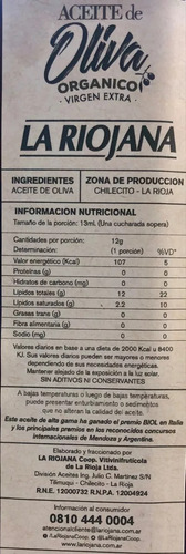 Aceite De Oliva Orgánico Extra Vírgen 500ml La Riojana