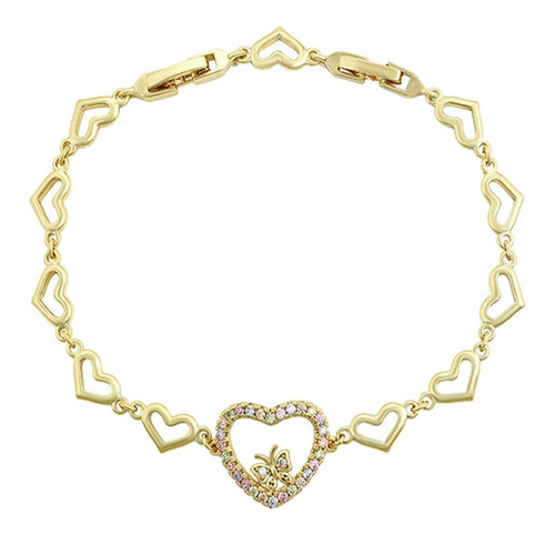 Brazalete Oro 14k Laminado Corazón Swarovski Regalo 21-23cm