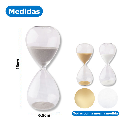 Kit 10 Ampulheta Branco Prata Dourado 15min Relogio De Areia