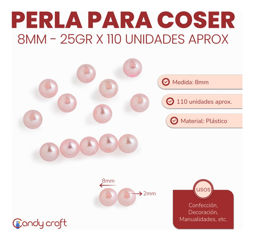 Perlas Para Coser 8mm X110u 25g Plásticas Cuentas Mostacilla