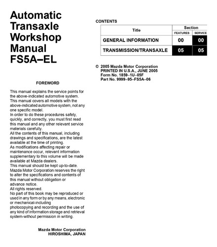 Fnr5 Mazda 3 Transmisión Automática (manual De Reparación) (Usado)