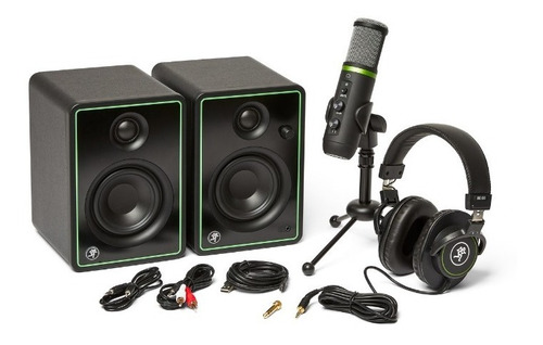 Kit de gravação Mackie Creator Bundle Monitores + Mic + Auric. Cor Negro