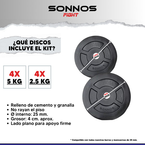 Kit Barra + Mancuernas + 30 Kg. De Disco Pesas