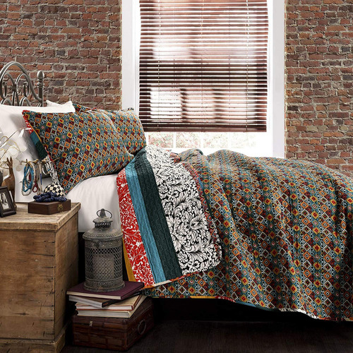 Juego De Colcha Boho Rayas 3 Unidades Full Queen Turquesa
