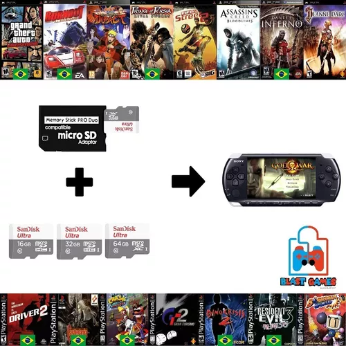 Cartão de Memória para Psp 64 GB Jogos de Psp Ps1 + 9 Emuladores