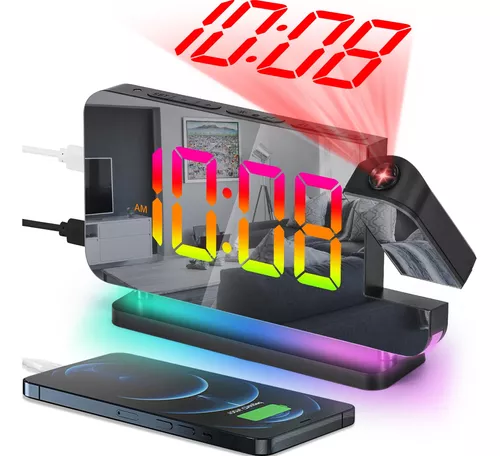 Reloj despertador de proyección, reloj proyector de 180° en techo, pantalla  LED digital de color RGB de 7.4 pulgadas, atenuador de brillo de 5