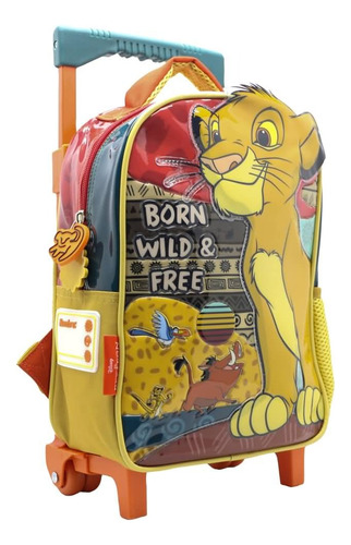 Mochila Escolar Rey Leon Simba Con Carro Color Rojo Diseño De La Tela Liso