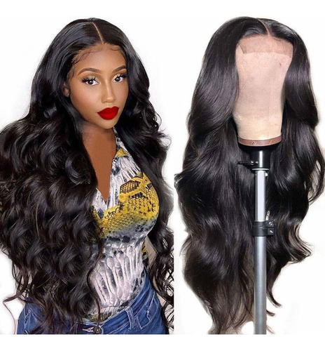 ( Peluca Cerrada De Encaje Cabello Humano Ondulado Negro