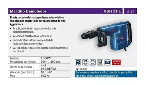 Martillo Demoledor Bosch Gsh 11e 1500w Al + Punta