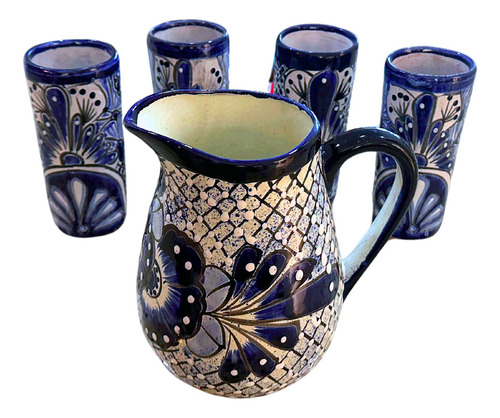 Jarra Con Vasos En Talavera Talavera Tradicional Color Azul