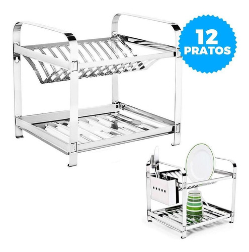 Escorredor Mak Inox 12 Pratos C/ Porta Talheres Inox - 8503m