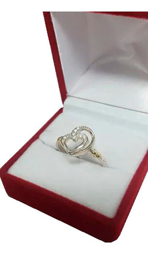 Anillo Plata 925 Y Oro 18k Modelo Corazon Doble Con Piedras