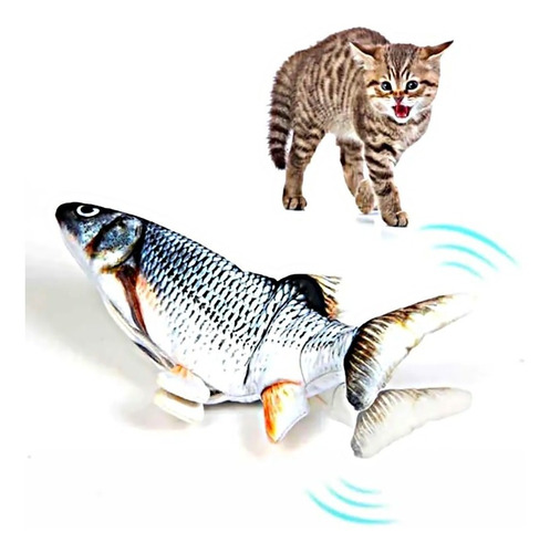 Juguete Gato Pescado Pez Usb Gris 27cm Se Mueve Recargable