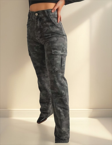 Jean Camuflado Mujer Pantalon Cargo Tiro Alto Ancho De Moda