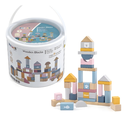 Balde Bloques De Madera Juego 60 Pcs Para Construir Niños 