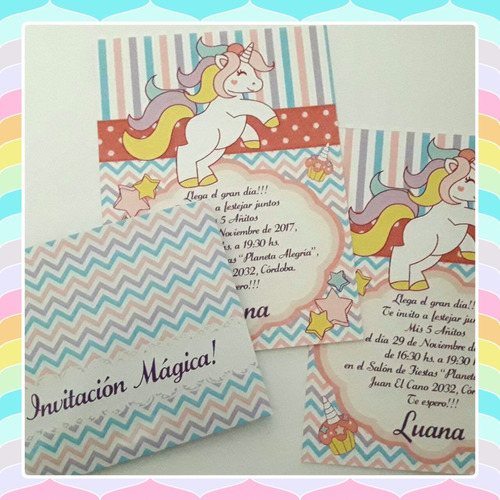 Tarjeta Invitación Cumple O Bautismo Con Sobre Unicornio