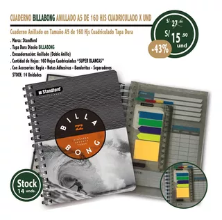 Cuaderno Billabong Anillado A5 De 160 Hjs Cuadriculado X Und