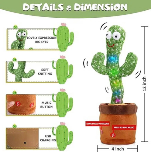 Cactus Peluche Bailarin Canta Graba Educativo De 32cm