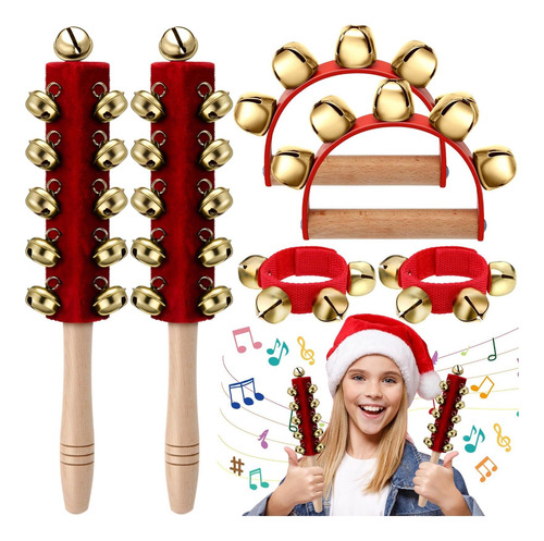 Boao 6 Pcs Christmas Hand Jingle Bells Mango De Madera Mango
