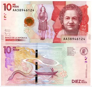 Billete De Colombia 10000 Pesos 2016 Virginia Gutiérrez Nvo.