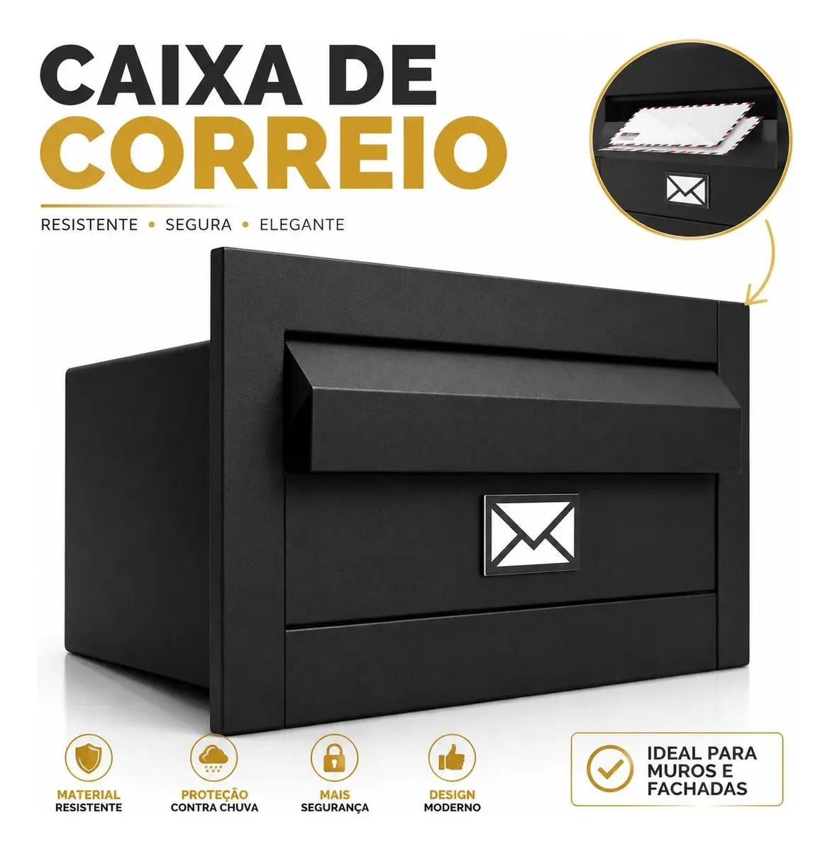 Caixa De Correios Inox De Embutir Moderna Carta Muro Modelo De Luxo - Preta