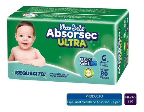 Caja De Pañal Kleenbebe Absorsec Grande 4 Paquetes (320 Pzs)