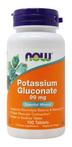 Now Foods Minerals Gluconato de potássio 99 mg 100 comprimidos sem sabor