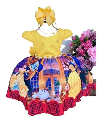 VESTIDO INFANTIL PRINCESA BELA E A FERA AMARELO C/ PÉROLAS