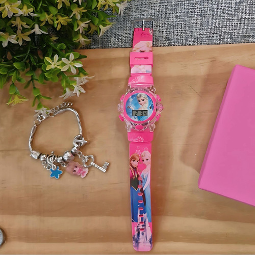 Kit Relógio Princesas + Óculos + Pulseira + Caixa Presente Correia Rosa Bisel Frozen Fundo Personagem