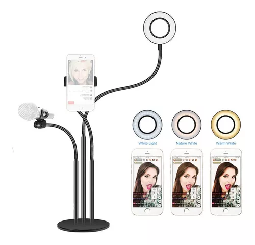 Aro Luz Led Selfie Foto Soporte Celular Microfono 3 En 1